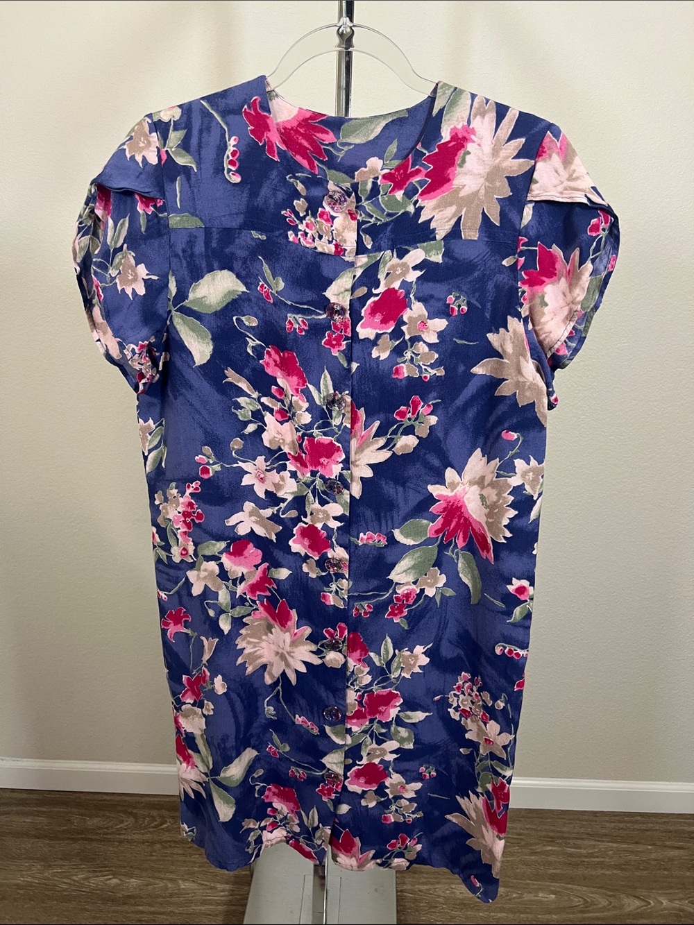 Vintage Handmade Floral Blue and Pink Housedress Grandmacore Housewife